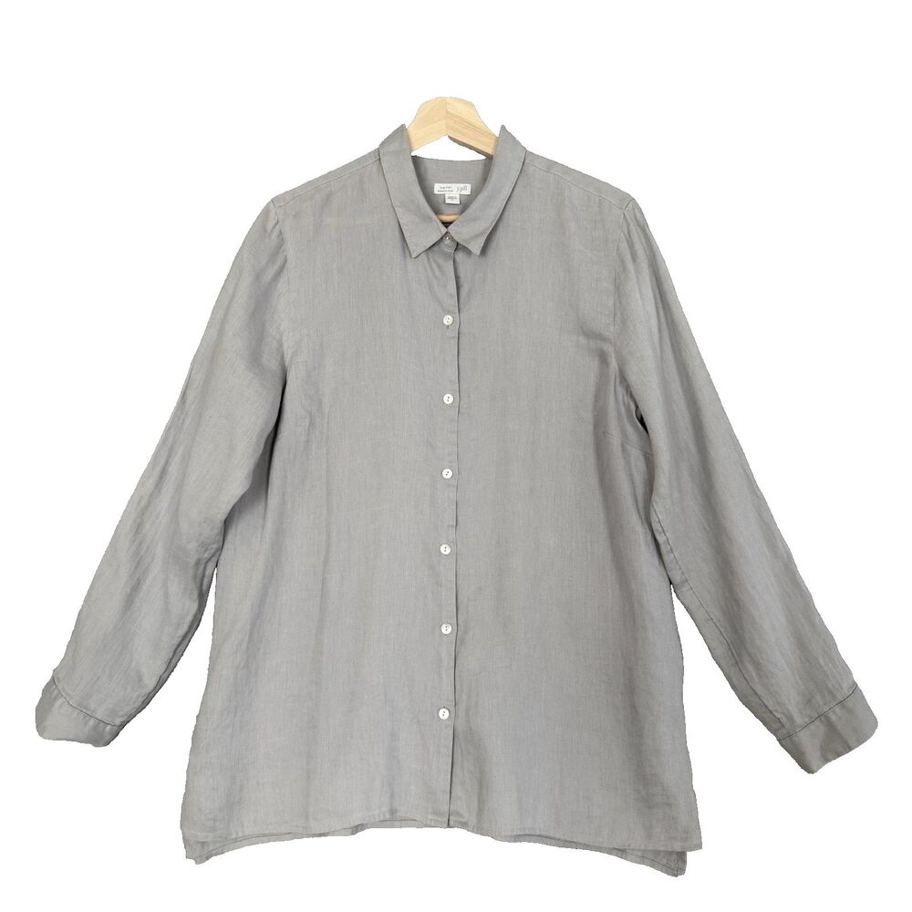 J Jill Love Linen Shirt Womens Large Gray Button Front Boho Lagenlook